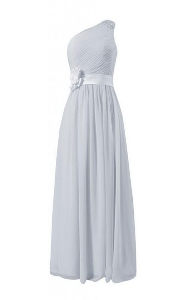 One-shoulder Ruffled Chiffon Dress With Sash