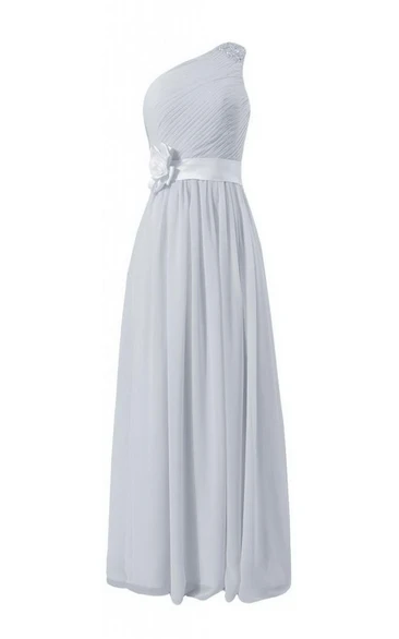 One-shoulder Ruffled Chiffon Dress With Sash