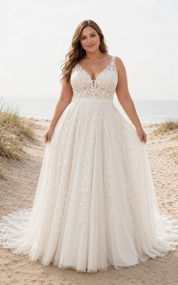 Plus Size V-Neck Straps Tulle A-Line Wedding Dress with Lace Bodice