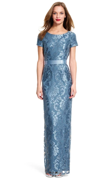 Pencil Scoop-Neck Floor-Length Bowed Short-Sleeve Bridesmaid Dress With Split Back