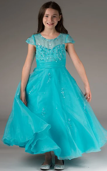 Flower Girl Beading Neck Cap Sleeve Organza Ankle Length Dress With Bandage