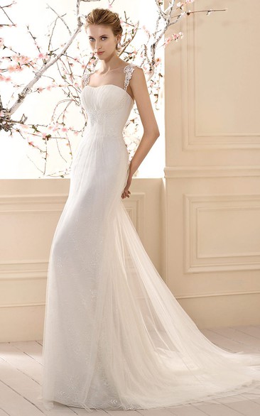 Sheath Strapped Appliqued Sleeveless Floor-Length Tulle Wedding Dress