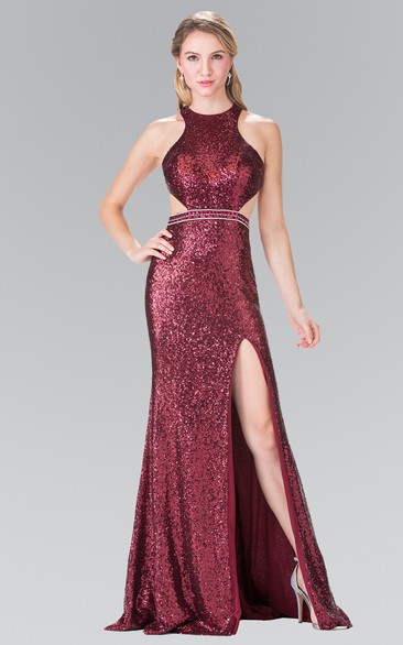 Sheath Maxi Jewel-Neck Sleeveless Sequins Straps Dress With Split Front And Beading