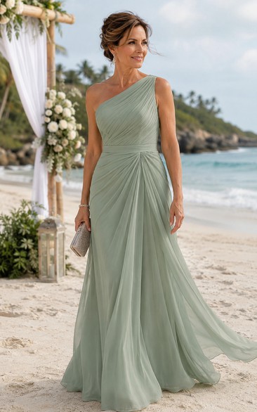 Sage One-Shoulder A-Line Chiffon Floor-Length Mother Dress