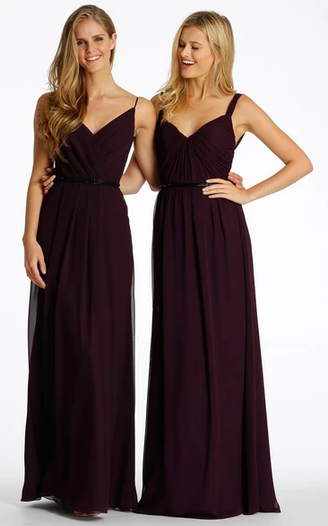 Jeweled Spaghetti Chiffon Bridesmaid Dress With Ruching And Straps