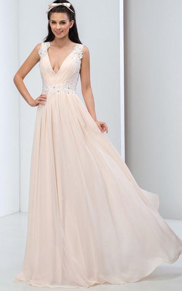 A-Line Deep-V Neck Open Back Appliques Prom Dress