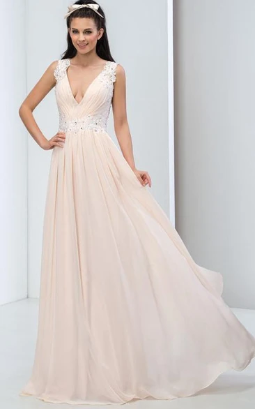 A-Line Deep-V Neck Open Back Appliques Prom Dress