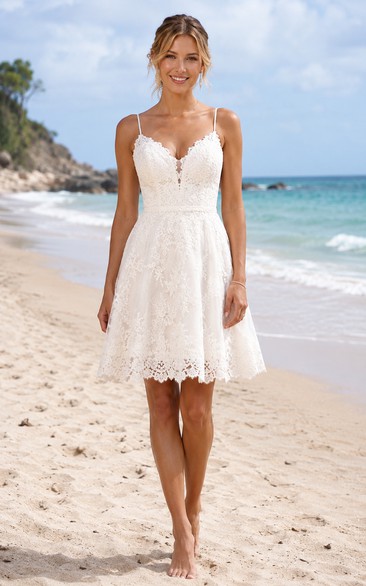 Ivory Short/Mini V-neck Lace A-line Wedding Dress with Lace