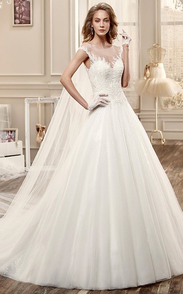 Sweetheart Cap-Sleeve A-Line Wedding Dress With Lace Appliques And Chapel Train