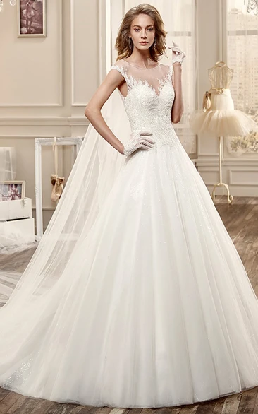 Sweetheart Cap-Sleeve A-Line Wedding Dress With Lace Appliques And Chapel Train