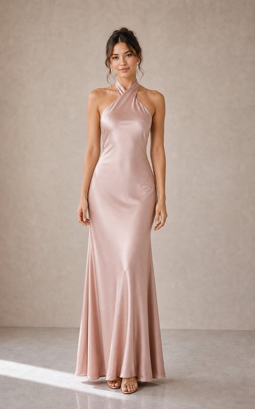 Robe fourreau champagne en satin à dos nu et longueur cheville