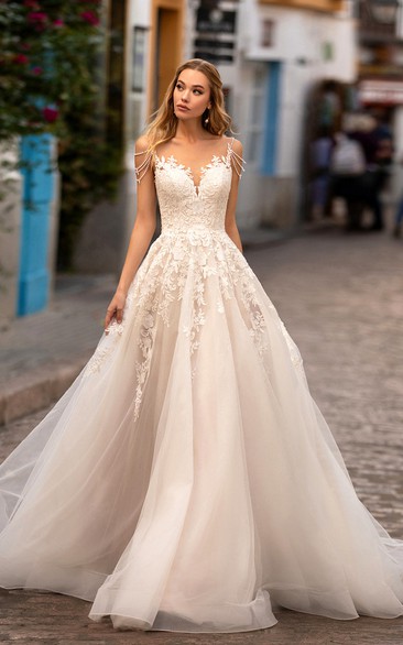 Spaghetti Empire Lace Applique A-line Ball Gown Wedding Dress