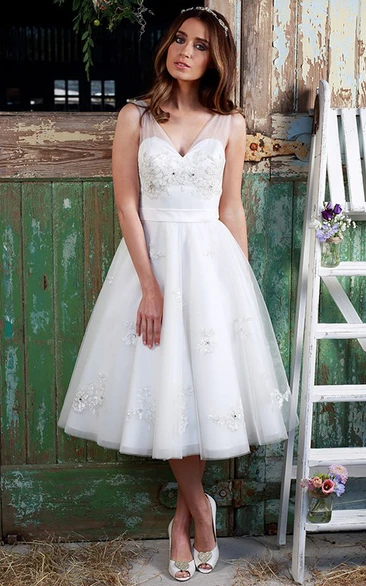 A-Line Appliqued Tea-Length V-Neck Sleeveless Tulle Wedding Dress