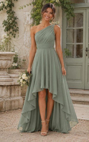 Sage One-Shoulder High-Low Chiffon Bridesmaid Dress