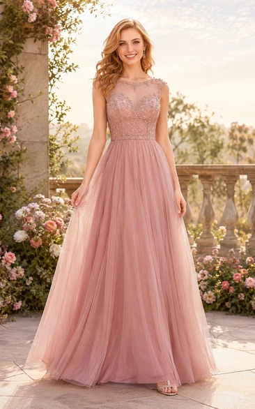 Vestido de fiesta de corte A con apliques de encaje rosa empolvado y tul, con corpiño transparente.