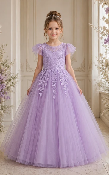 A-Line Lavender Flutter Sleeve Lace Tulle Flower Girl Dress