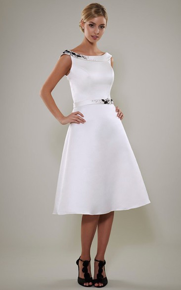 Tea-Length A-Line Beaded Cap Sleeve Bateau Neck Satin Wedding Dress