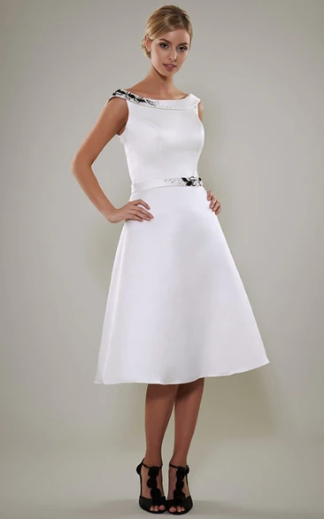 Tea-Length A-Line Beaded Cap Sleeve Bateau Neck Satin Wedding Dress