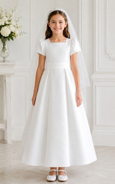 White A-Line Satin Flower Girl Dress with Bow Sash