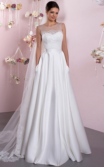A-Line Floor-Length Lace Sleeveless Scoop Satin Wedding Dress With Illusion Back