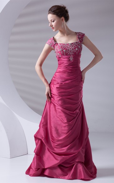 Caped-Sleeve Pick-Up A-Line Taffeta Gown With Embroideries