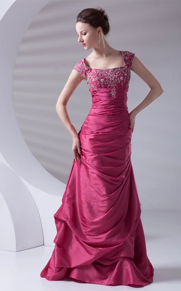 Caped-Sleeve Pick-Up A-Line Taffeta Gown With Embroideries