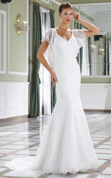 Mermaid V-Neck Poet-Sleeve Lace Wedding Dress