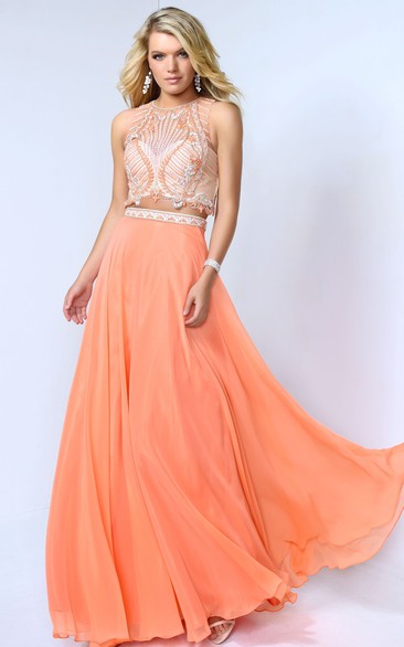 A-Line Floor-Length Jewel-Neck Sleeveless Chiffon Dress With Beading