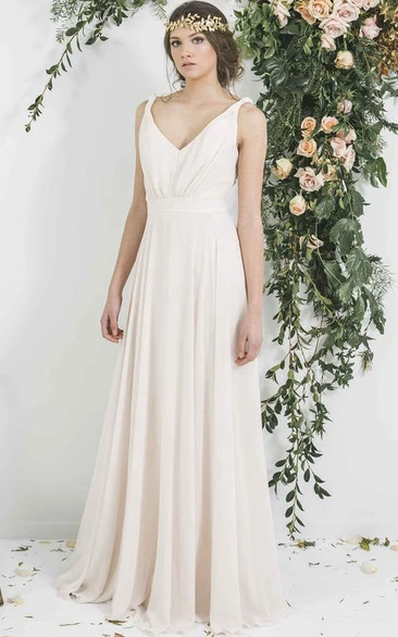Floor-Length Sleeveless Pleated V-Neck Chiffon Bridesmaid Dress