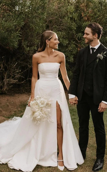 Simple Strapless Front Split Satin Solid Simple A-line Wedding Dress