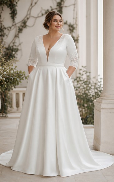 Elegantes A-Linien-Brautkleid aus Satin mit tiefem Ausschnitt und langen Ärmeln