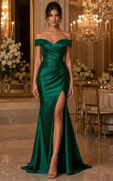 Banquet Dark Green Off-the-Shoulder Satin Mermaid Gown with Front Split