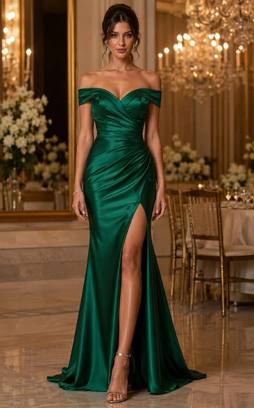 Banquet Dark Green Off-the-Shoulder Satin Mermaid Gown with Front Split