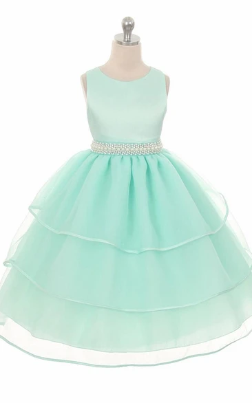 Tea-Length Sleeveless Beaded Organza&Satin Flower Girl Dress