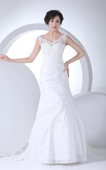 Caped-Sleeve Ruched Mermaid Dress With Appliques