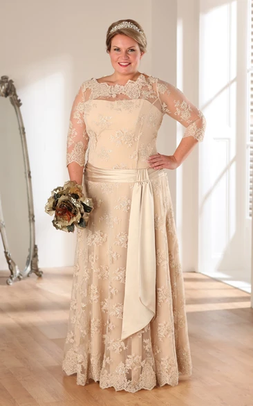 A-Line Floor-Length Bateau Neck 3-4-Sleeve Lace Illusion Appliques Dress