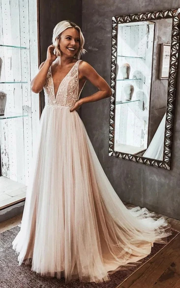 Empire Plunged A-line Tulle Wedding Dress with Lace Top