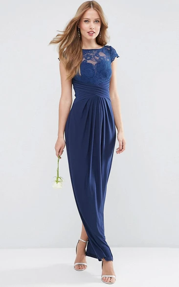 Sheath Cap-Sleeve Maxi Appliqued Bateau-Neck Chiffon Bridesmaid Dress With Split Back