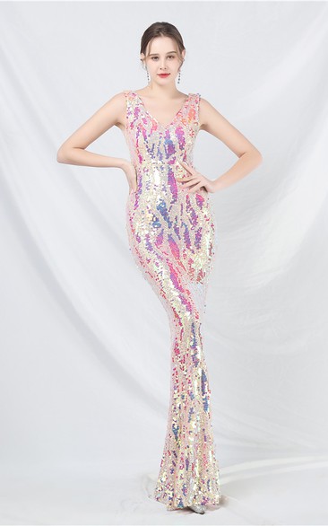 Newly Designed Iridescent Sequined Long Evening Dress