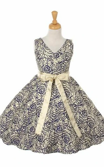 Tea-Length V-Neck Tiered Flower Girl Dress With Split