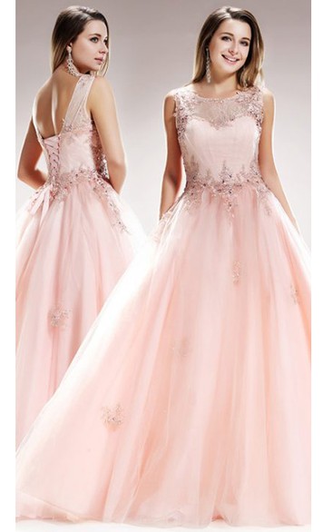A-Line Long Scoop-Neck Sleeveless Tulle Lace-Up Dress With Appliques And Beading