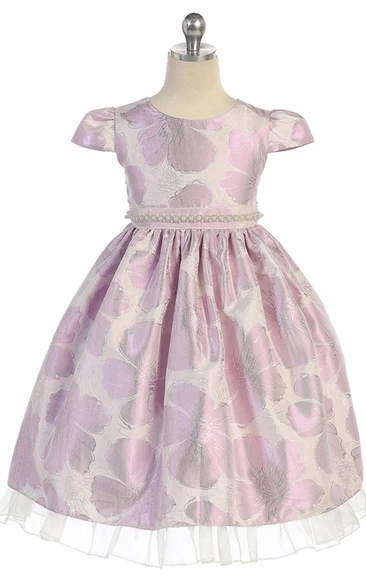 Tea-Length Cap-Sleeve Beaded Organza Flower Girl Dress With Ruffles