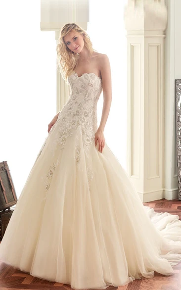 A-Line Appliqued Sleeveless Sweetheart Long Tulle&Lace Wedding Dress