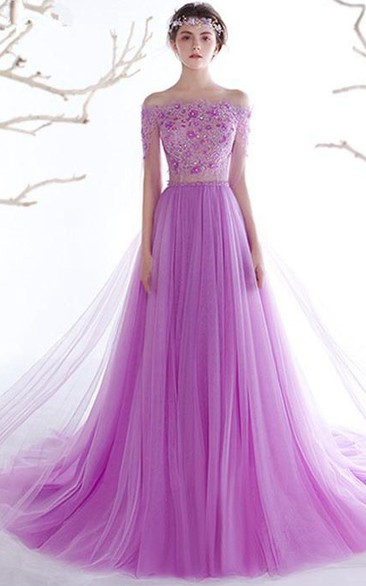 A-Line Off-the-Shoulder Short Sleeves Beading Lace Sequins Prom Dress