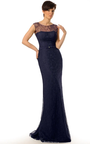 Sheath Scoop-Neck Sleeveless Long Lace Prom Dress