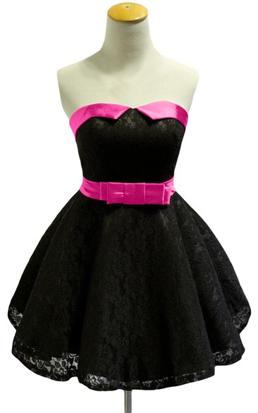 Strapless Lace Short Dress With Satin Trim and Belt