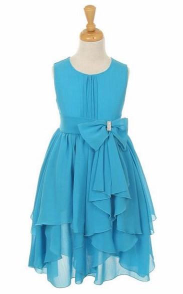 Tea-Length Broach Bowed Chiffon Flower Girl Dress