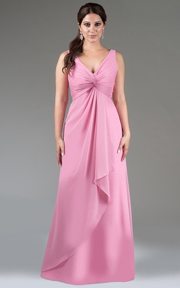 V Neck A-Line Chiffon Long Bridesmaid Dress With Cascading Skirt