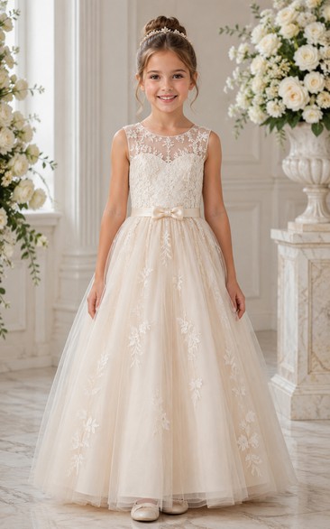 A-Line Sleeveless Lace Tulle Flower Girl Dress with Floral Waist