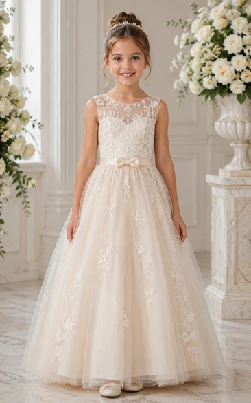 A-Line Sleeveless Lace Tulle Flower Girl Dress with Floral Waist